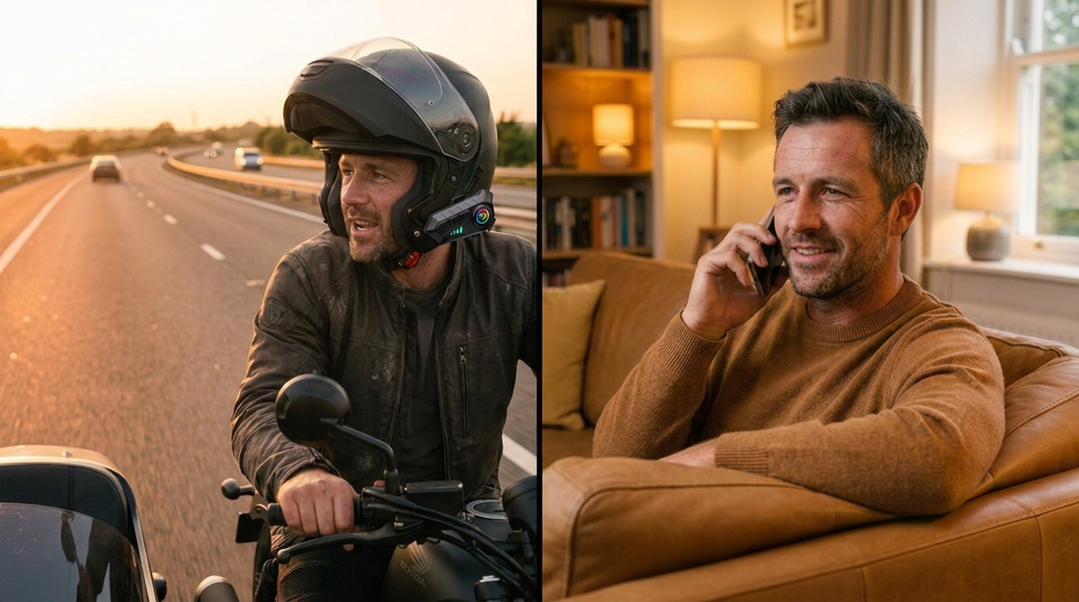 Rider using music, calls and GPS hands-free with MotoPods Pro