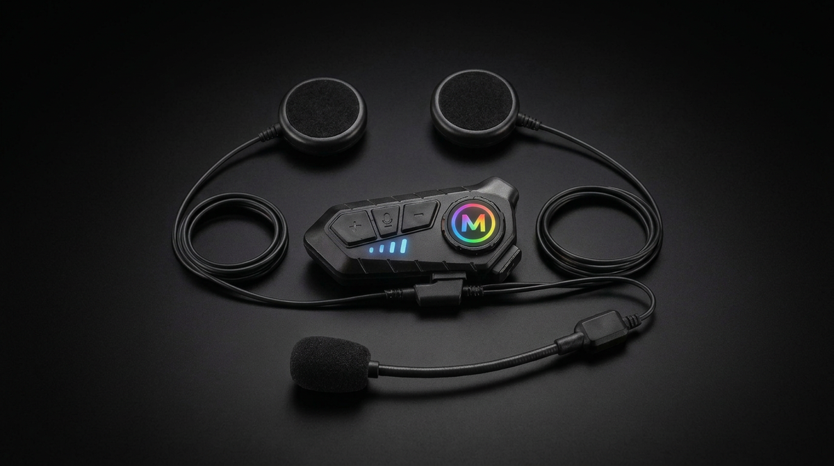 MotoPods Pro kit with control unit, two helmet speakers and boom microphone