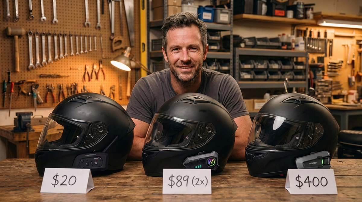Rider on a loud motorcycle wearing a helmet with MotoPods Pro